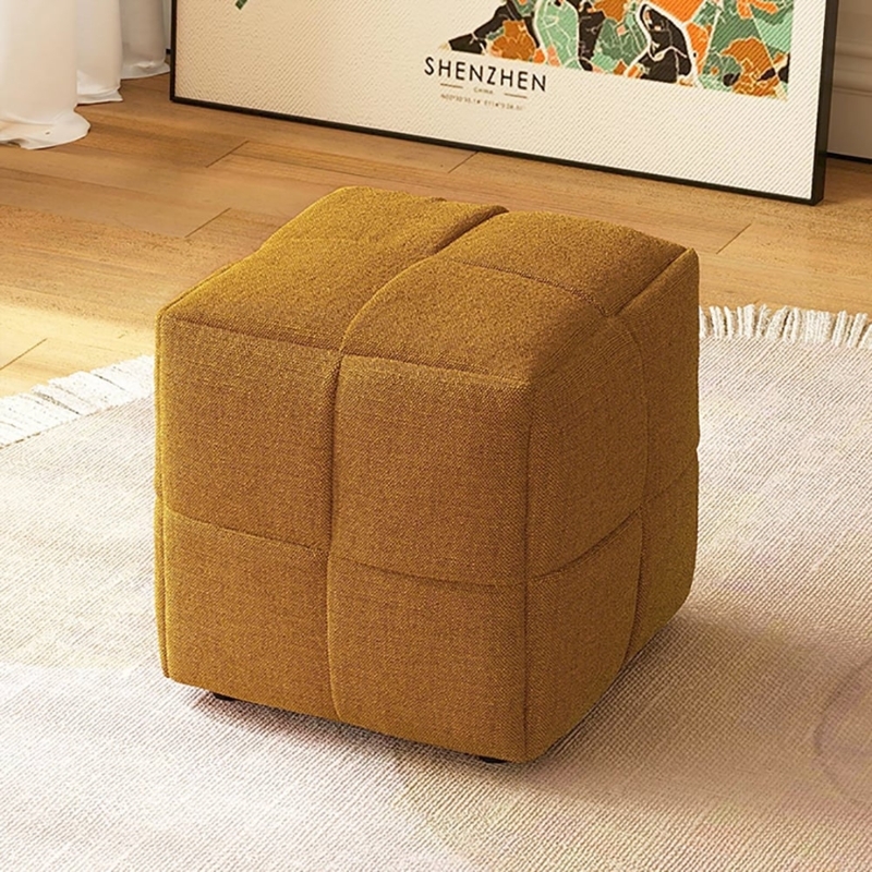 Brown Woven Pouf Ottoman featuring Gridded Stitching Details