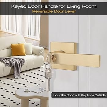 Brushed Gold Door Lever with Square Rosette & Keyed Entry