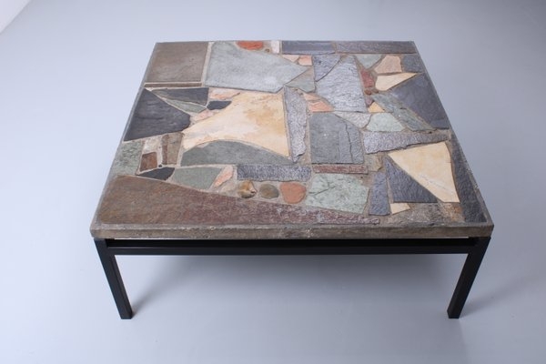 Brutalist Stone Mosaic Coffee Table Pedestal Base Rectangular