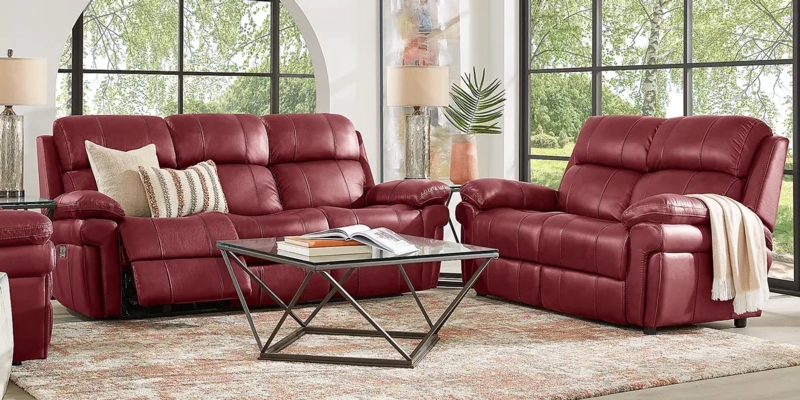 Burgundy Leather-Like Living Room Set Traditional Reclining Mechanism