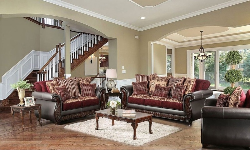 Burgundy Leather Living Room Set with Nailhead Trim.