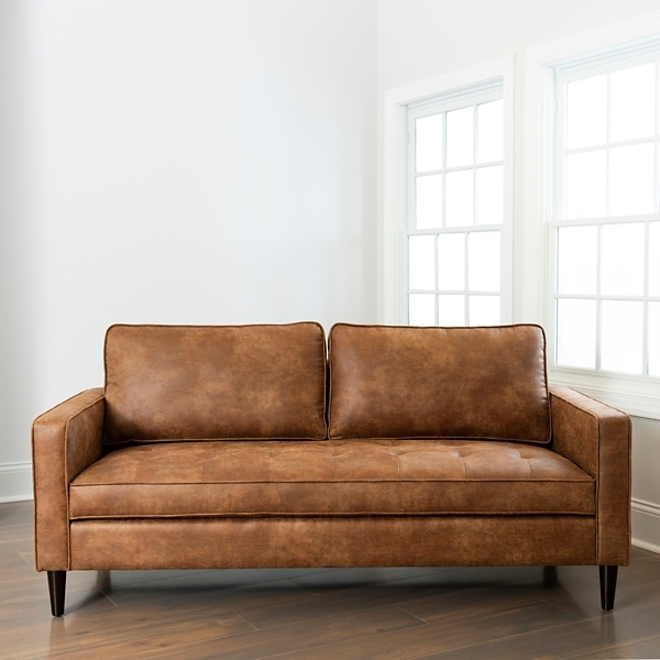 Button Tufted Faux Leather Couch Tapered Wood Legs Minimalist Style