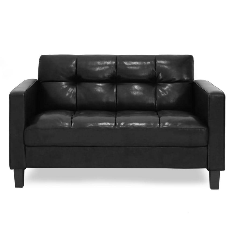 Button Tufted Loveseat Black Faux Leather Square Arms