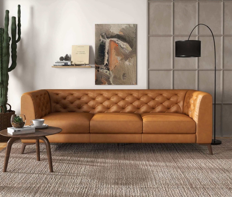 Button Tufted Sofa Cognac Leather-Like Tight Back Square Arms