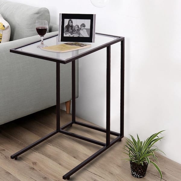 C-Shaped End Table with Glass Top and Wood-Toned Frame for Sofa