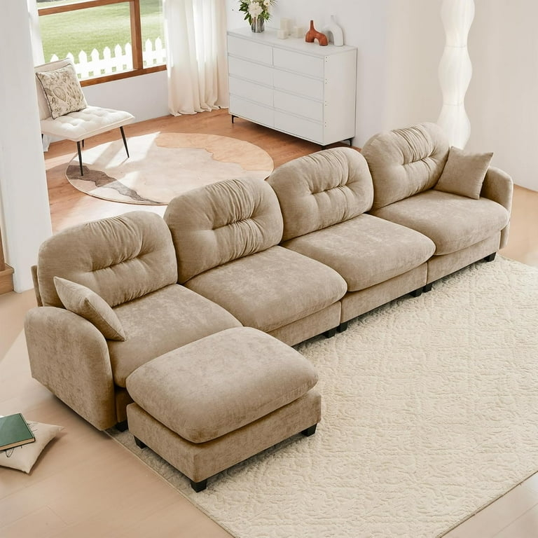 Camel Chenille Sectional Sofa with Pleated Backrest