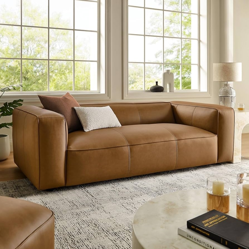 Camel Faux Leather Sofa Horizontal Channeling Curved Silhouette