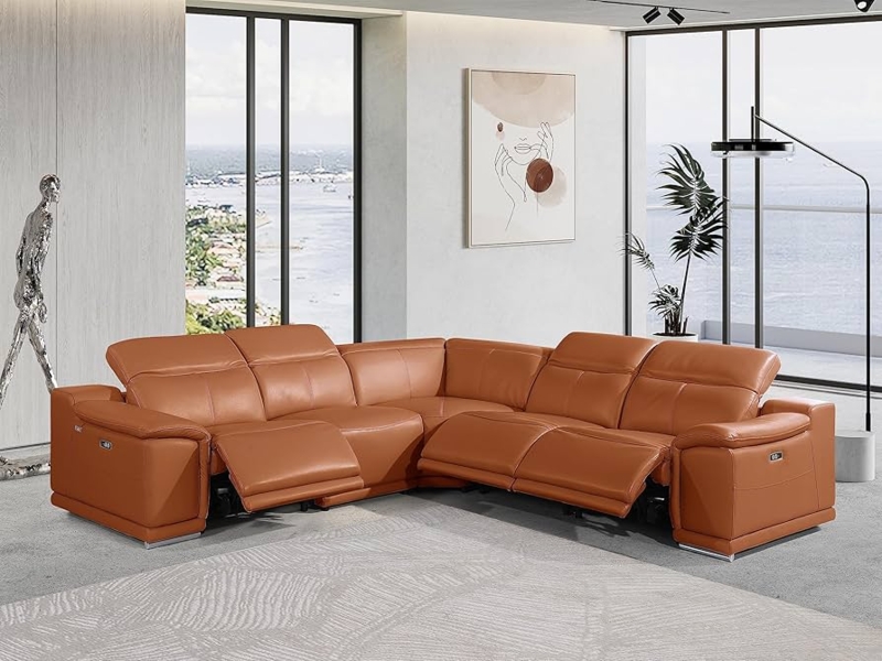 Camel Leather-Like Sectional Power Reclining Storage Console L-Shaped