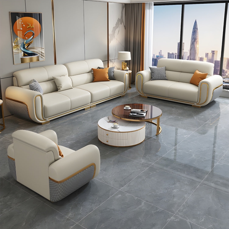 Camel Leather-Look Living Room Set with Slim Metal Legs