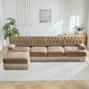 Camel Velvet Sectional Sofa Button Tufting Tassel Fringe Skirt Traditional