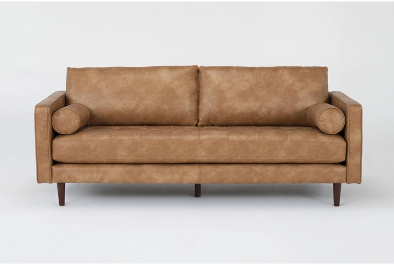 Caramel Faux Leather Sofa Track Arms Tapered Wood Legs Mid-Century