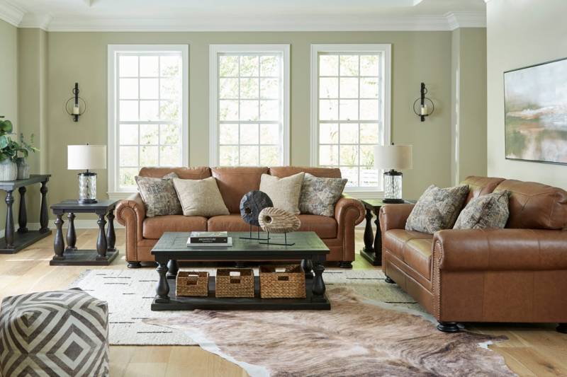 Caramel Leather Living Room Set, Deep Button Tufting