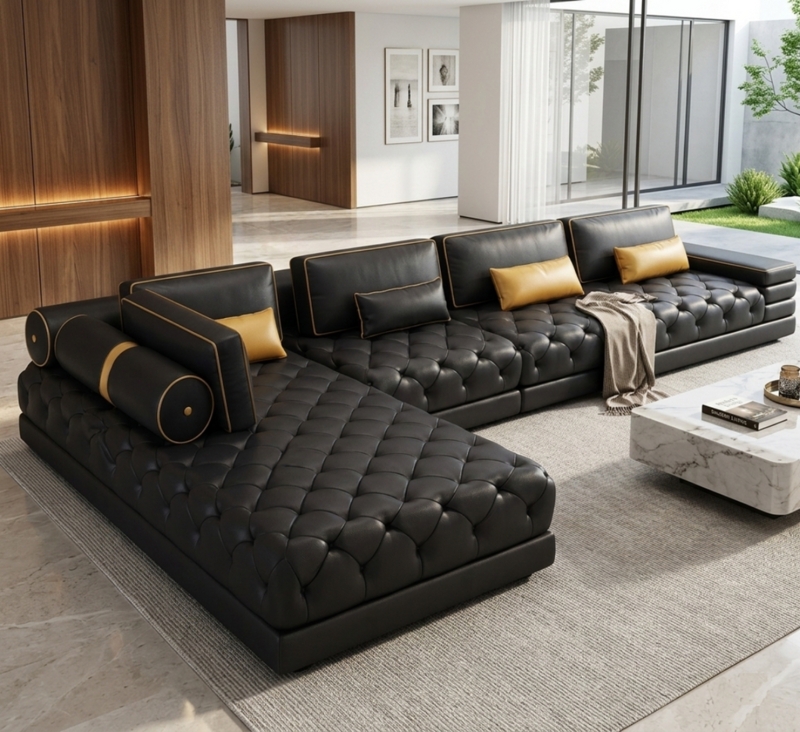 Caramel Leather Sectional Sofa Button Tufted Seat Modern Low Profile