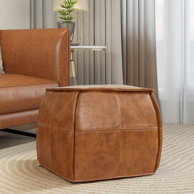 Caramel Leather Square Pouf, Perimeter Stitching, Modern Style