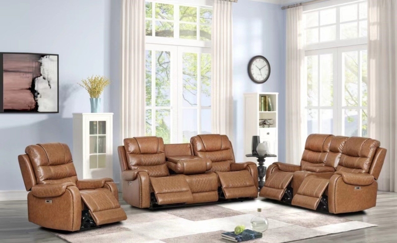 Caramel Power Reclining Living Room Set with Pillow Top Arms