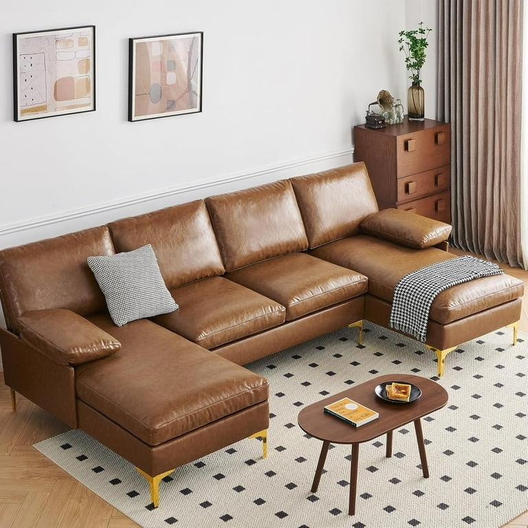 Caramel U-Shaped Sectional Sofa with Double Chaise Design
