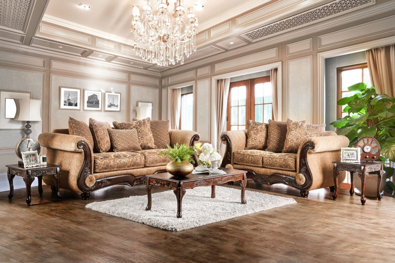 Carved Sofa Tan Tufted Fabric with Gold Leaf Accents Formal Living