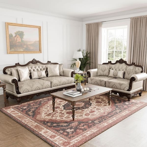 Carved Wood Living Room Set Beige Button Tufted Ornate Style
