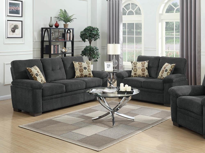 Casual Living Room Set Track Arms Rustic Wood Metal Tables