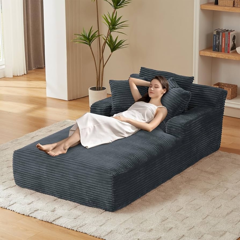 Chaise Lounge Chair, Dark Grey Wide Wale Corduroy Oversized Seat