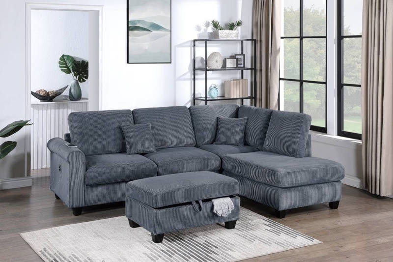 Chaise Sectional Set Contemporary Fabric with Matching Storage Ottoman
