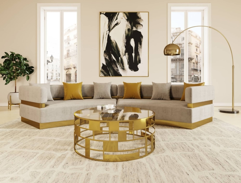 Channel Tufted Sectional Sofa Beige Fabric with Gold Plinth Base