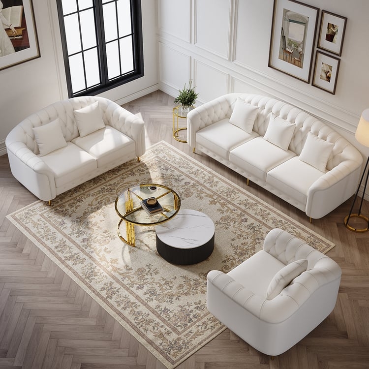 Channel Tufted Sofa and Loveseat Beige Leather Like Wood Platform Base