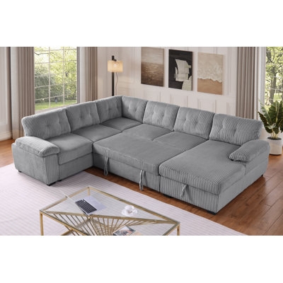 Charcoal Corduroy Sectional Sofa, Wide Wale Ribbed Fabric
