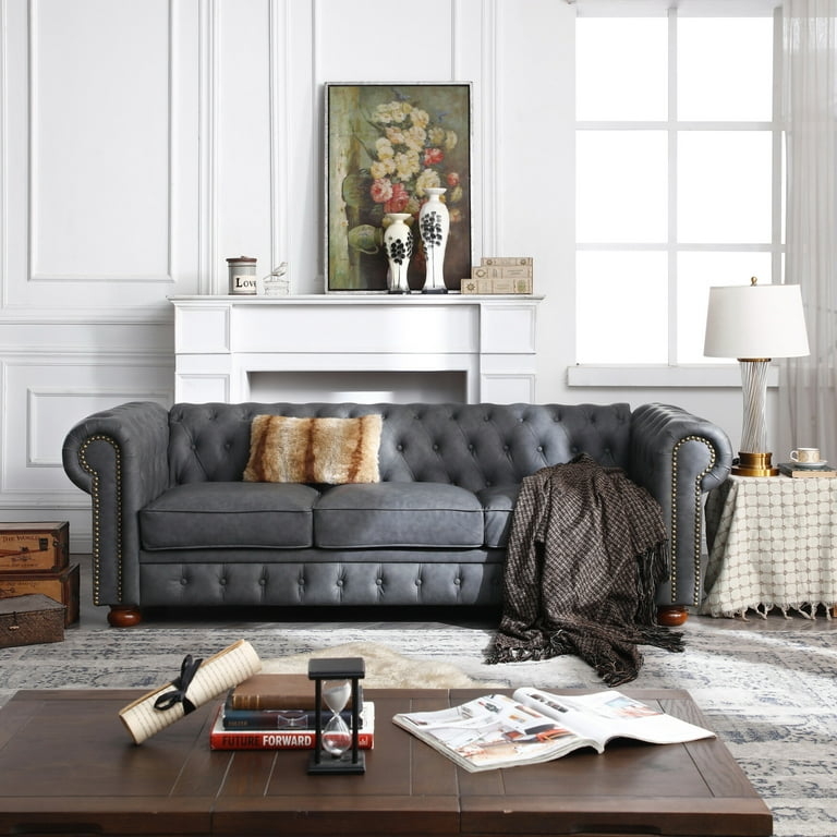 Charcoal Faux Leather Chesterfield Sofa, Button Tufting, Nailheads