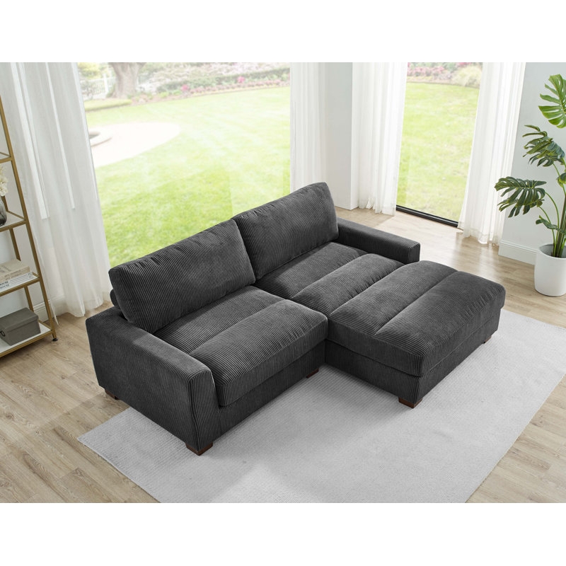 Charcoal Gray Corduroy Sectional Sofa with Block Arms
