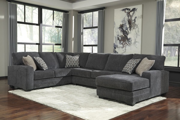 Charcoal Gray Sectional Sofa L-Shaped with Windowpane Patterned Pillows