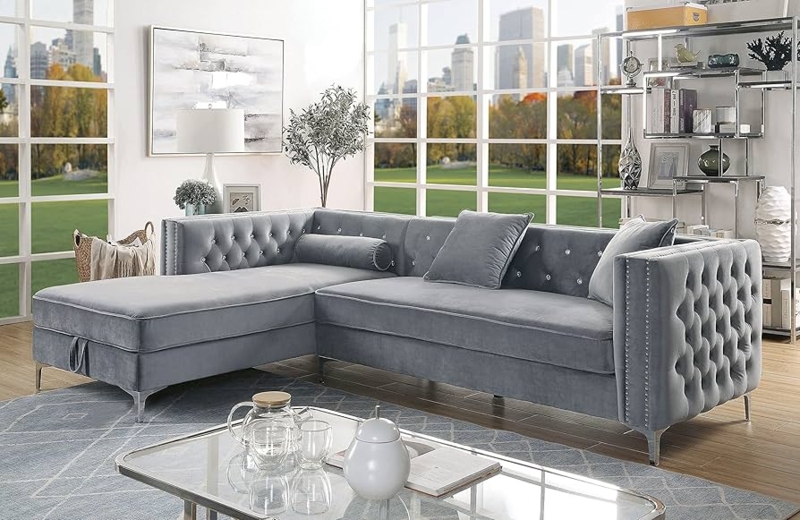Charcoal Gray Sectional Sofa with Nailhead Trim and Button Tufting