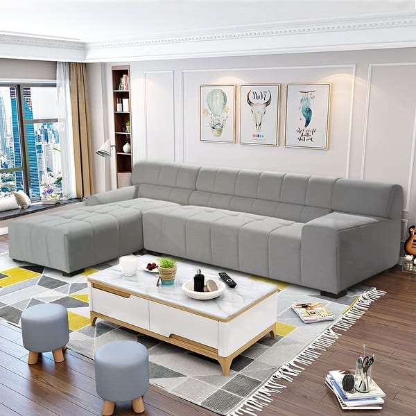 Charcoal Gray U-Shaped Sectional Sofa Channel Tufted with Gold Legs