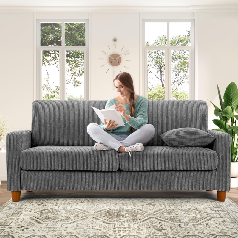 Charcoal Grey Corduroy Loveseat: Low Profile Deep Seat Boho Style
