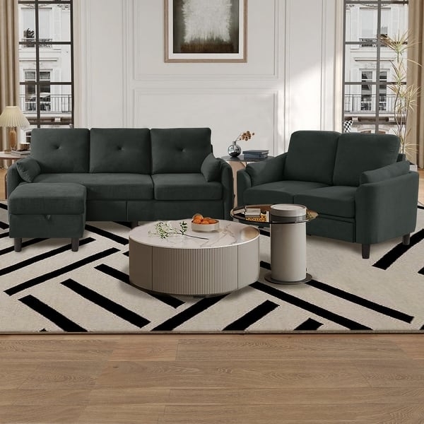 Charcoal Grey Living Room Set Button Tufted Tapered Legs