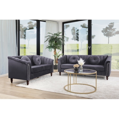 Charcoal Grey Living Room Set Tapered Wood Legs Tufted Back