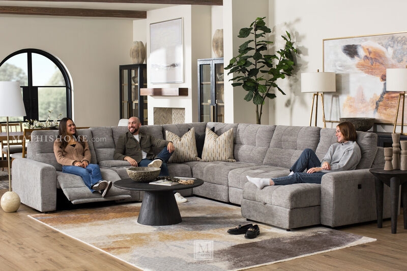 Charcoal Grey Power Reclining Sectional Power Headrest Woven Texture