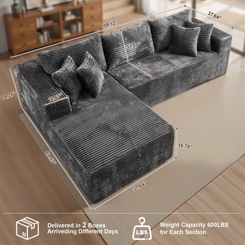 Charcoal Grey Sectional Sofa, Deep Channel Tufting, Rounded Edges.