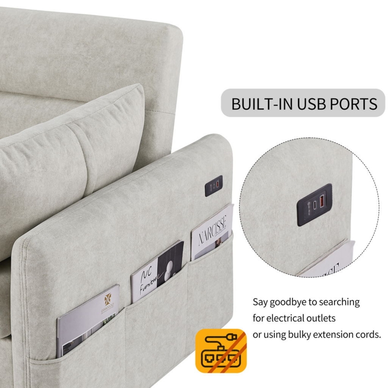 Charcoal Grey Sleeper Sofa USB Ports Side Storage Pockets Tufted