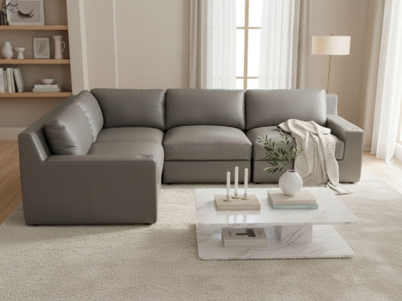 Charcoal L-Shaped Sectional Leather-Like Track Arms, Modern Layout
