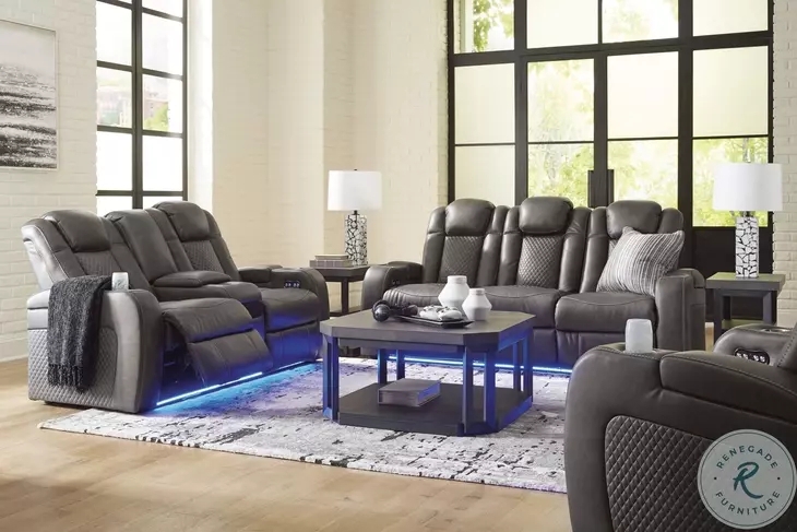 Charcoal Power Reclining Living Room Set with Contrast Stitching
