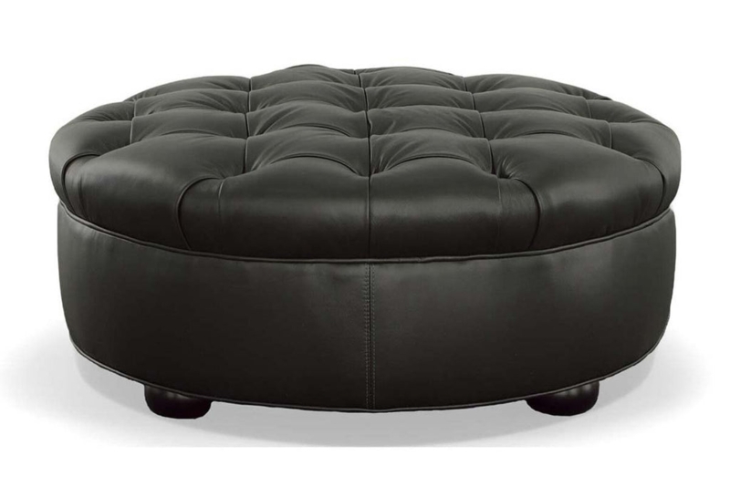 Charcoal Round Leather Ottoman, Diamond Tufting