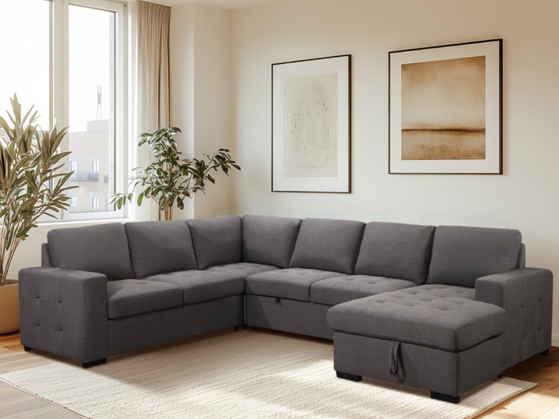 Charcoal U-Shaped Sleeper Sectional, Tufted Fabric Layout