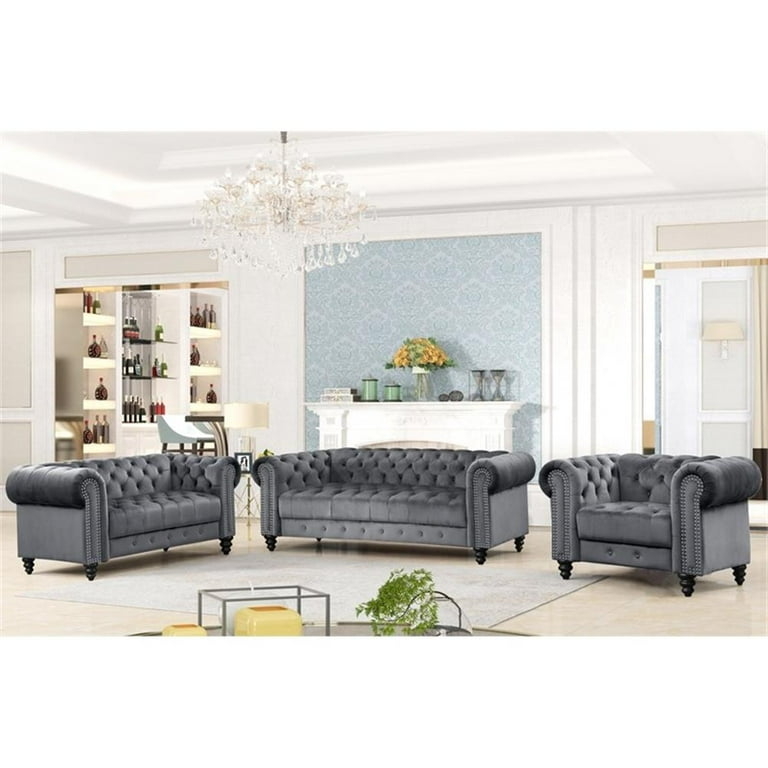 Charcoal Velvet Living Room Set Chesterfield Silhouette