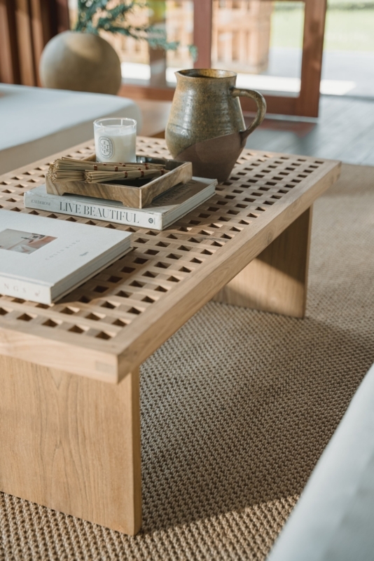 Checkered Wood Coffee Table, Block Legs, Modern Coastal Style.