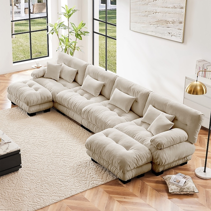 Chenille Sectional Sofa Adjustable Headrests, Modern Beige Chenille Sofa.