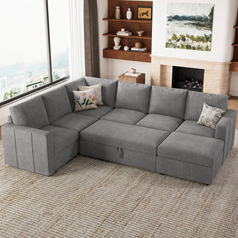 Chenille Sectional Sofa, Pull-Out Sleeper & Storage Ottoman