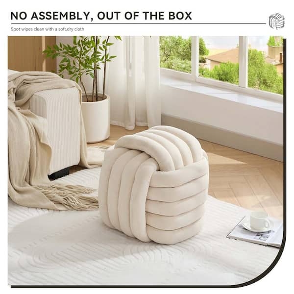 Chenille Square Pouf with Integrated Carry Handle in Neutral Fabric