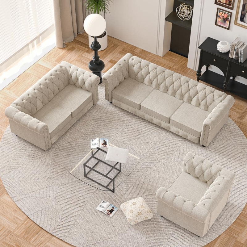 Chesterfield 3-Piece Living Room Set Beige Nailhead Trim Tufted