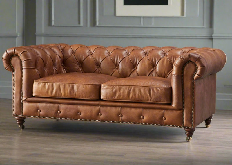 Chesterfield Loveseat, Bark Leather-Like, Deep Button Tufting, Nailhead